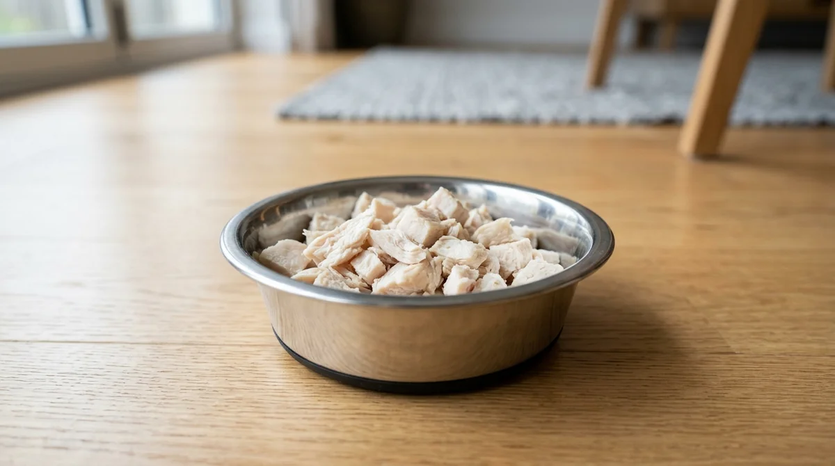 Small pieces of plain boiled skinless chicken breast served in a pet bowl