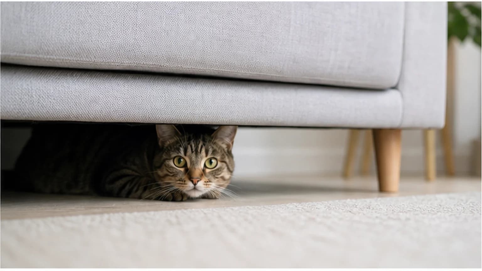 A cautious cat peeking out from beneath a sofa
