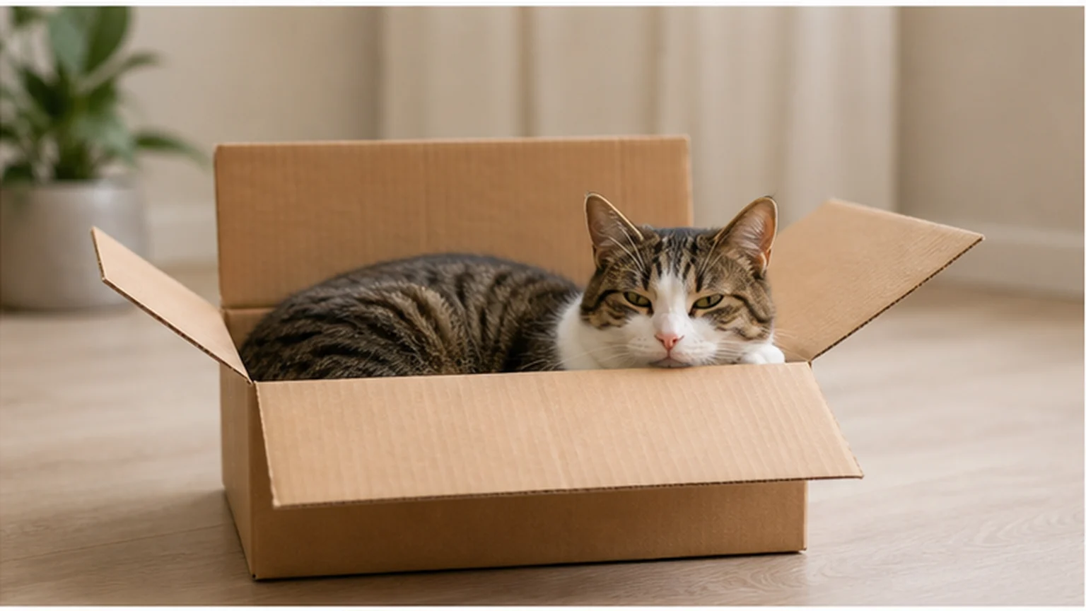 A relaxed tabby cat curled up inside a cardboard box