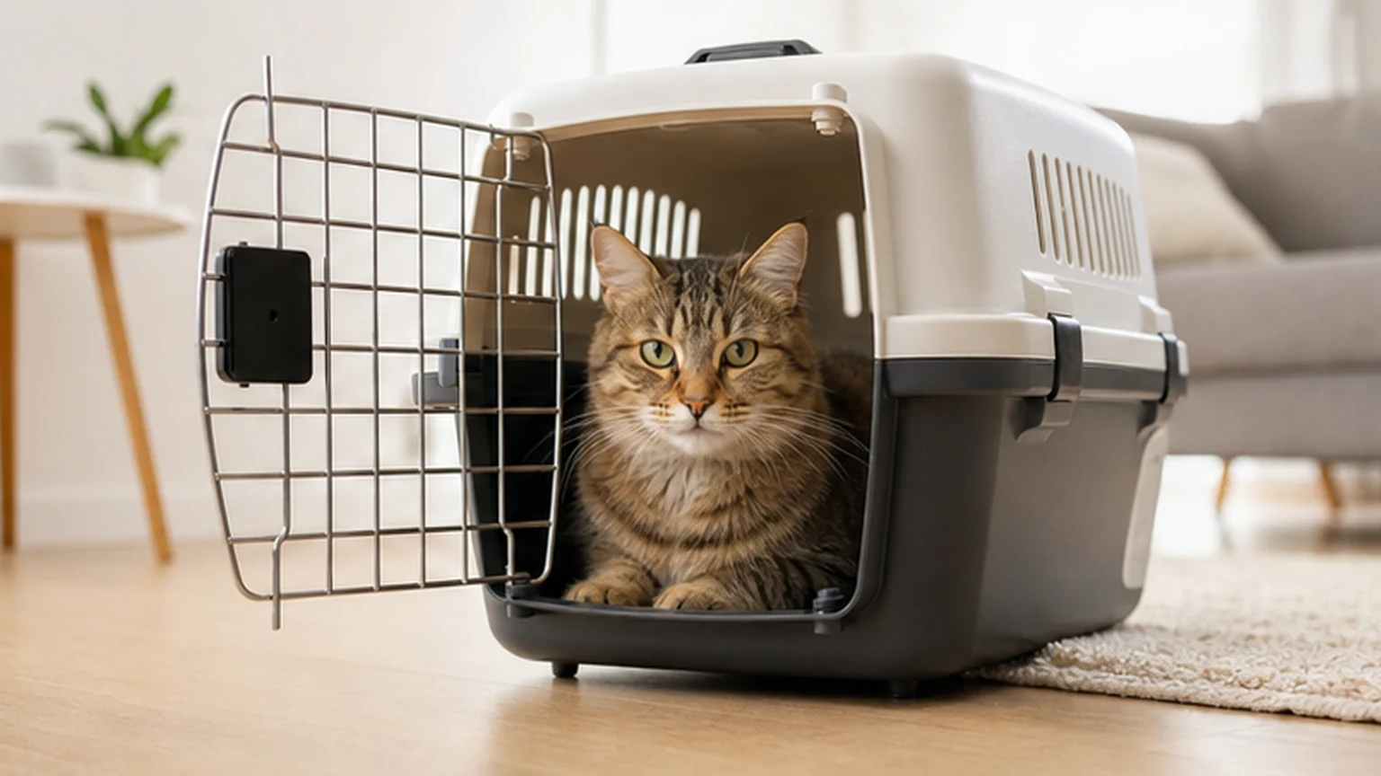 A calm tabby cat sitting inside a well-ventilated pet carrier