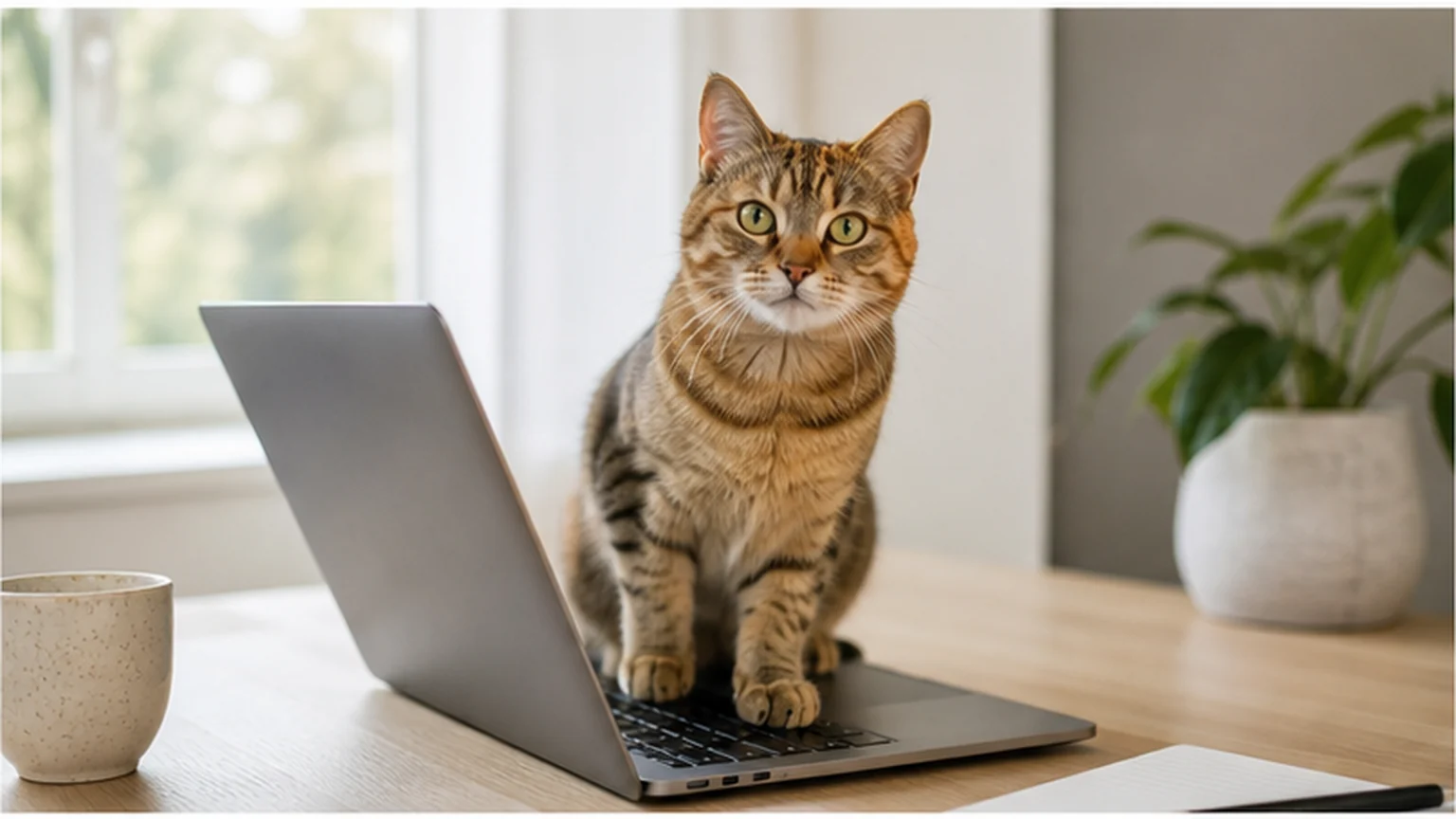 A curious tabby cat sitting beside an open laptop