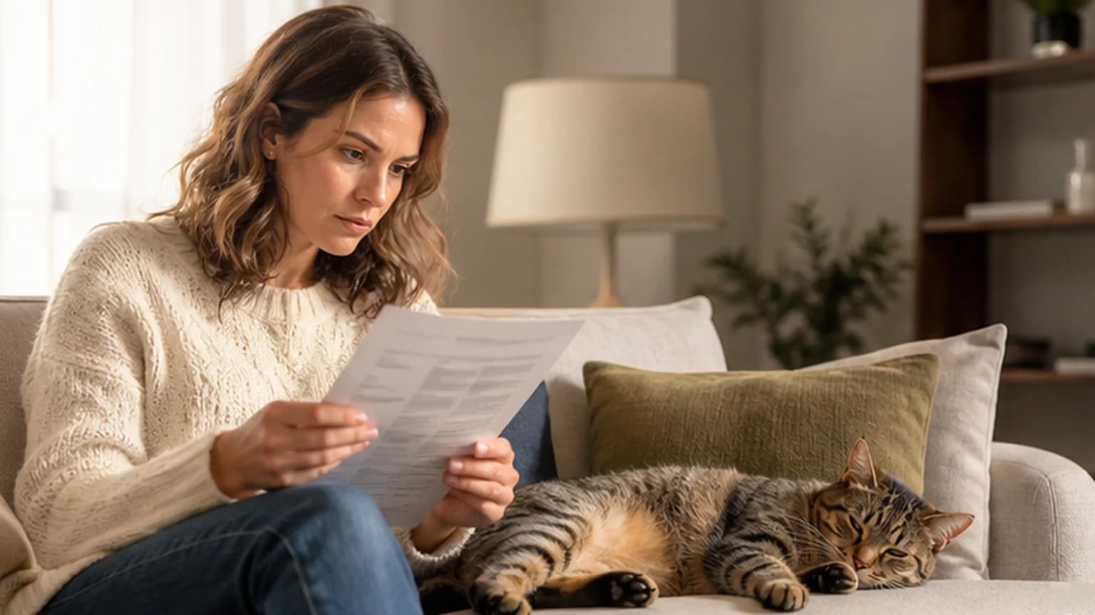 A cat owner reviewing veterinary costs beside a relaxed cat