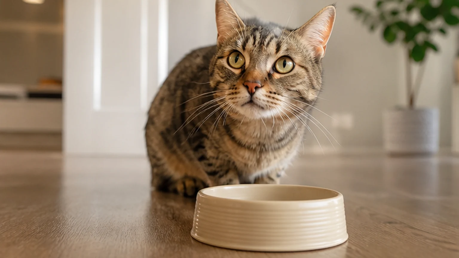 A cat looking hopefully at an empty food bowl