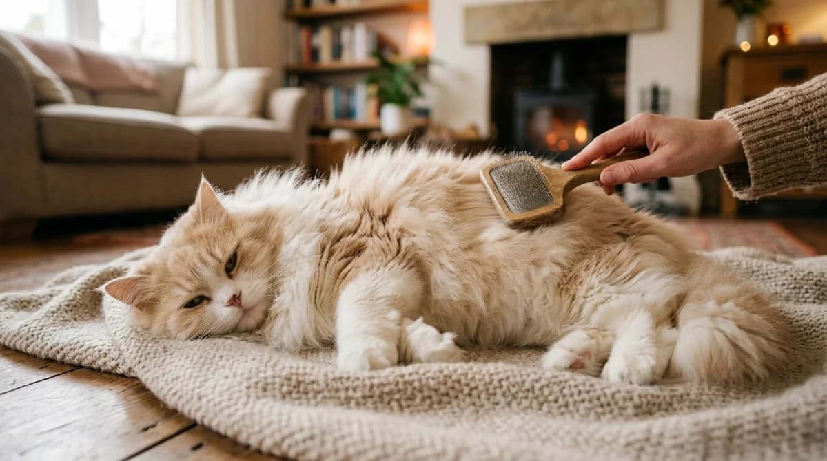 An owner gently brushing a long-haired cat with a slicker brush