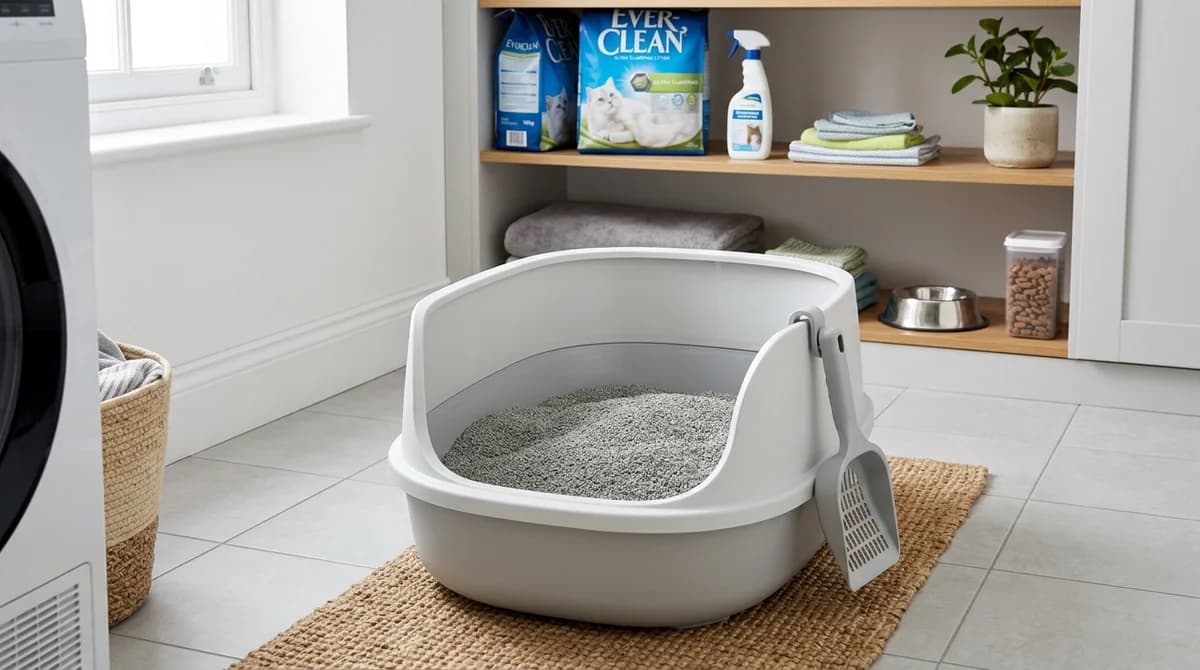 A clean plastic litter box filled with fresh clumping cat litter beside a scoop