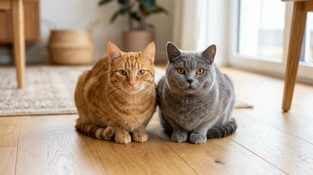 Two cats looking calmly at each other through a mesh baby gate door