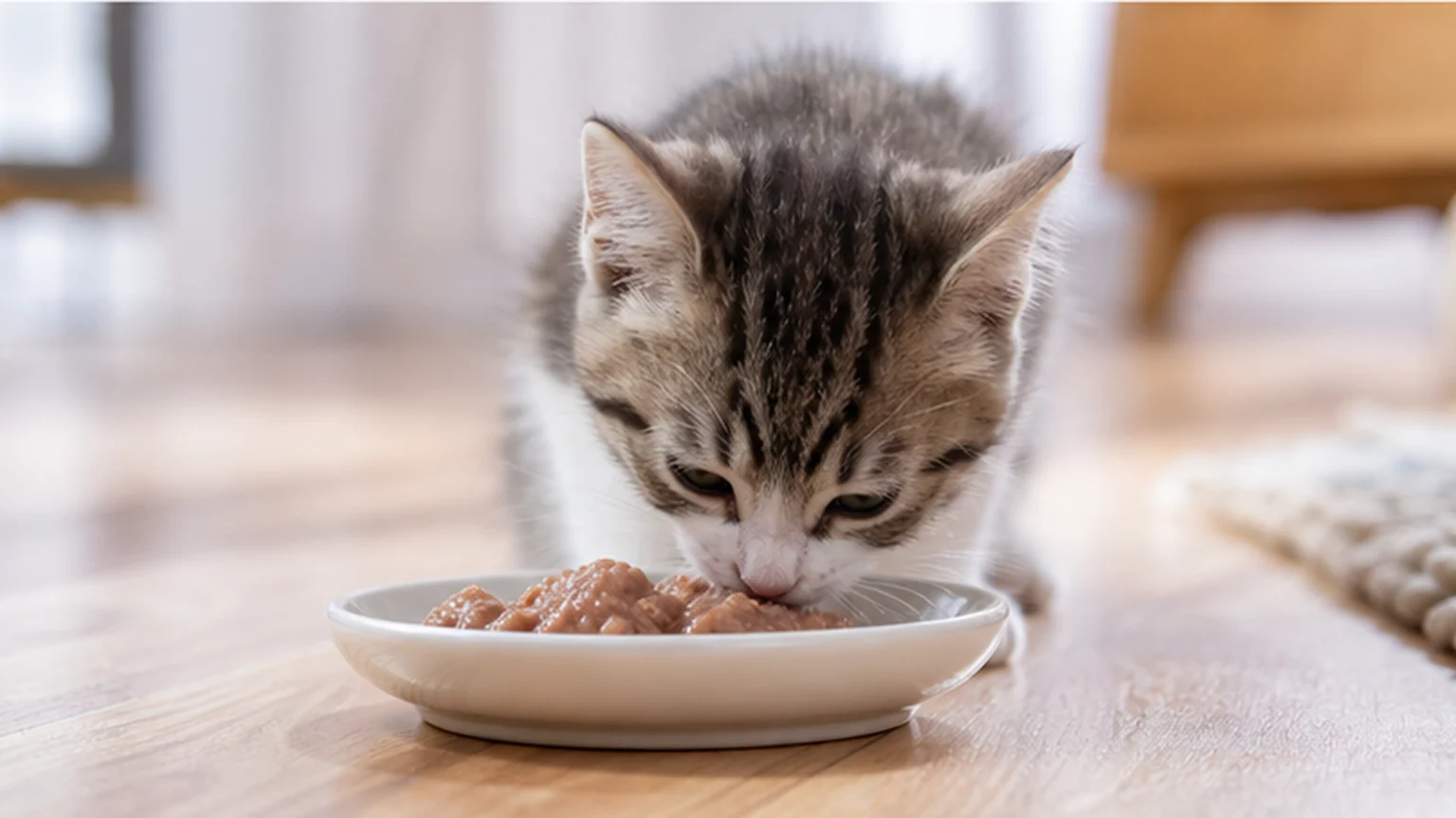 A young kitten eating a small measured wet-food meal