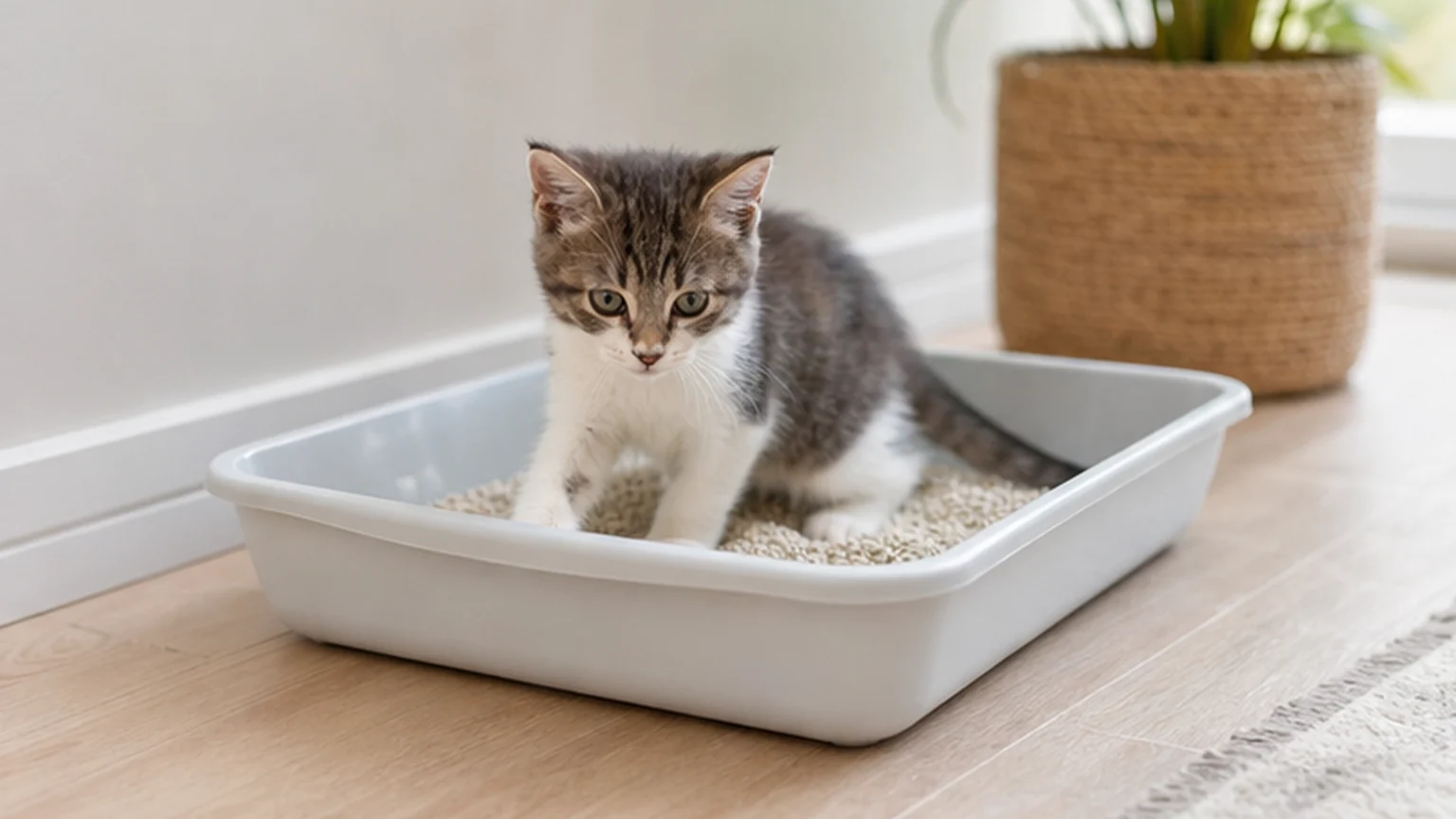 A kitten using a clean low-sided litter tray