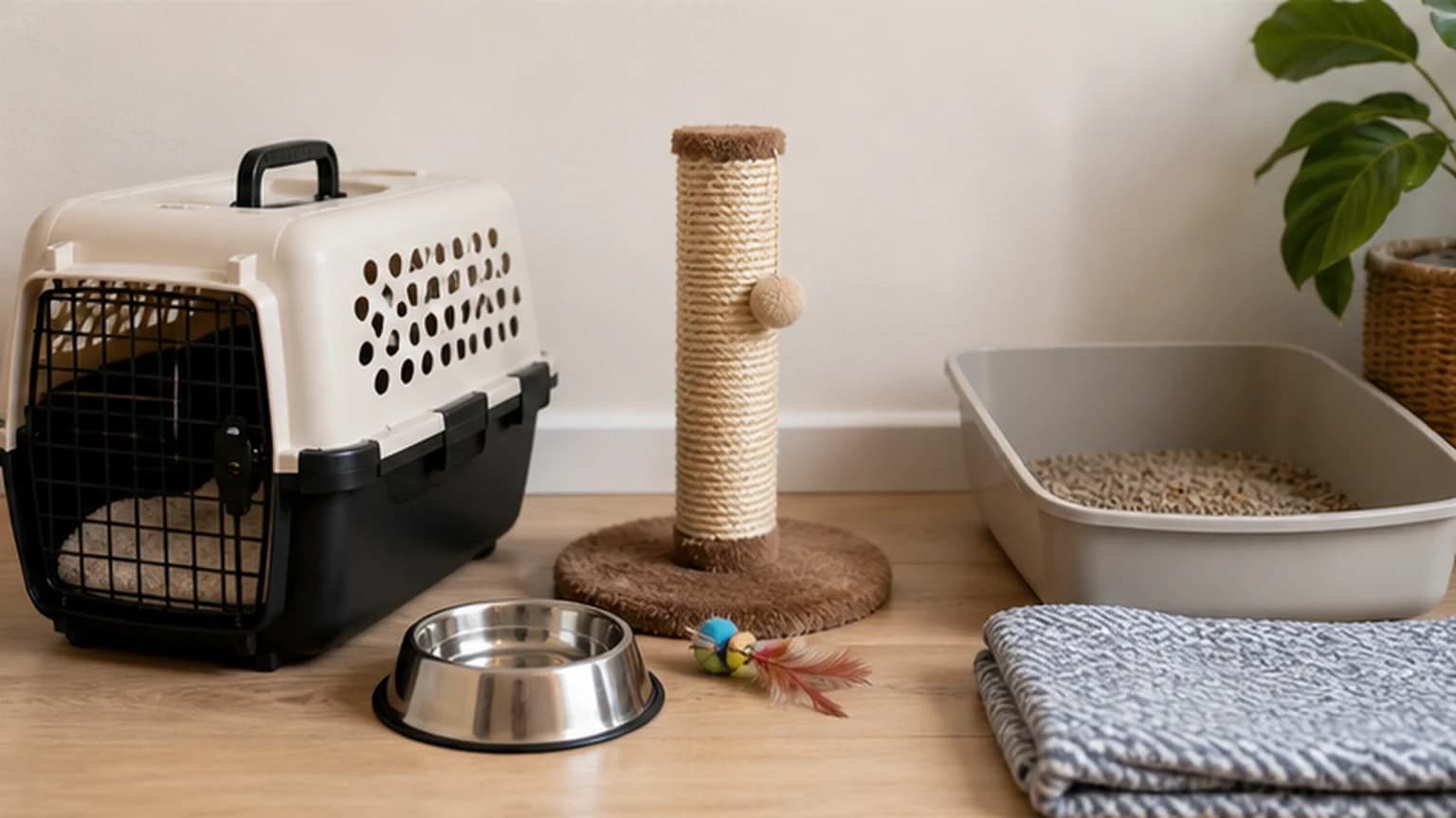A carrier, litter tray, bowl, toy, and scratching post for a new kitten