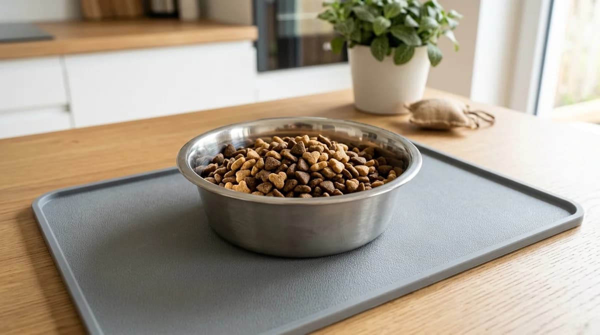 Two types of cat kibble mixed together in a feeding bowl during transition