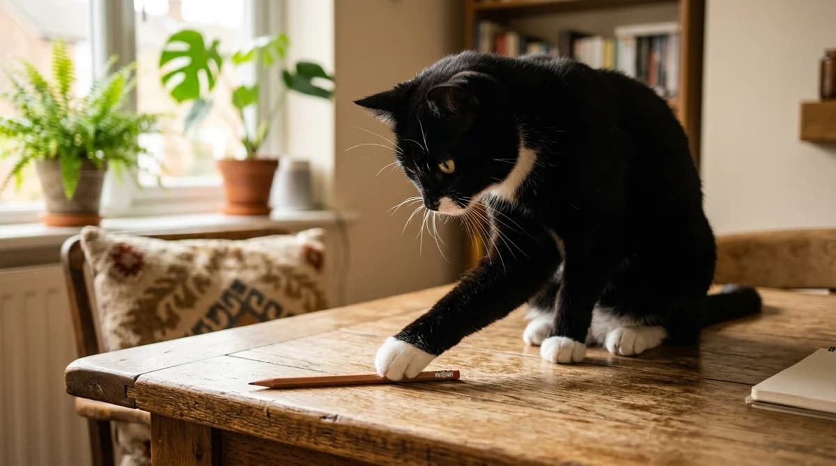 A playful domestic cat tapping a small object near the edge of a wooden table