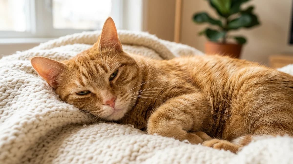 A relaxed tabby cat making gentle eye contact and slow blinking at its owner