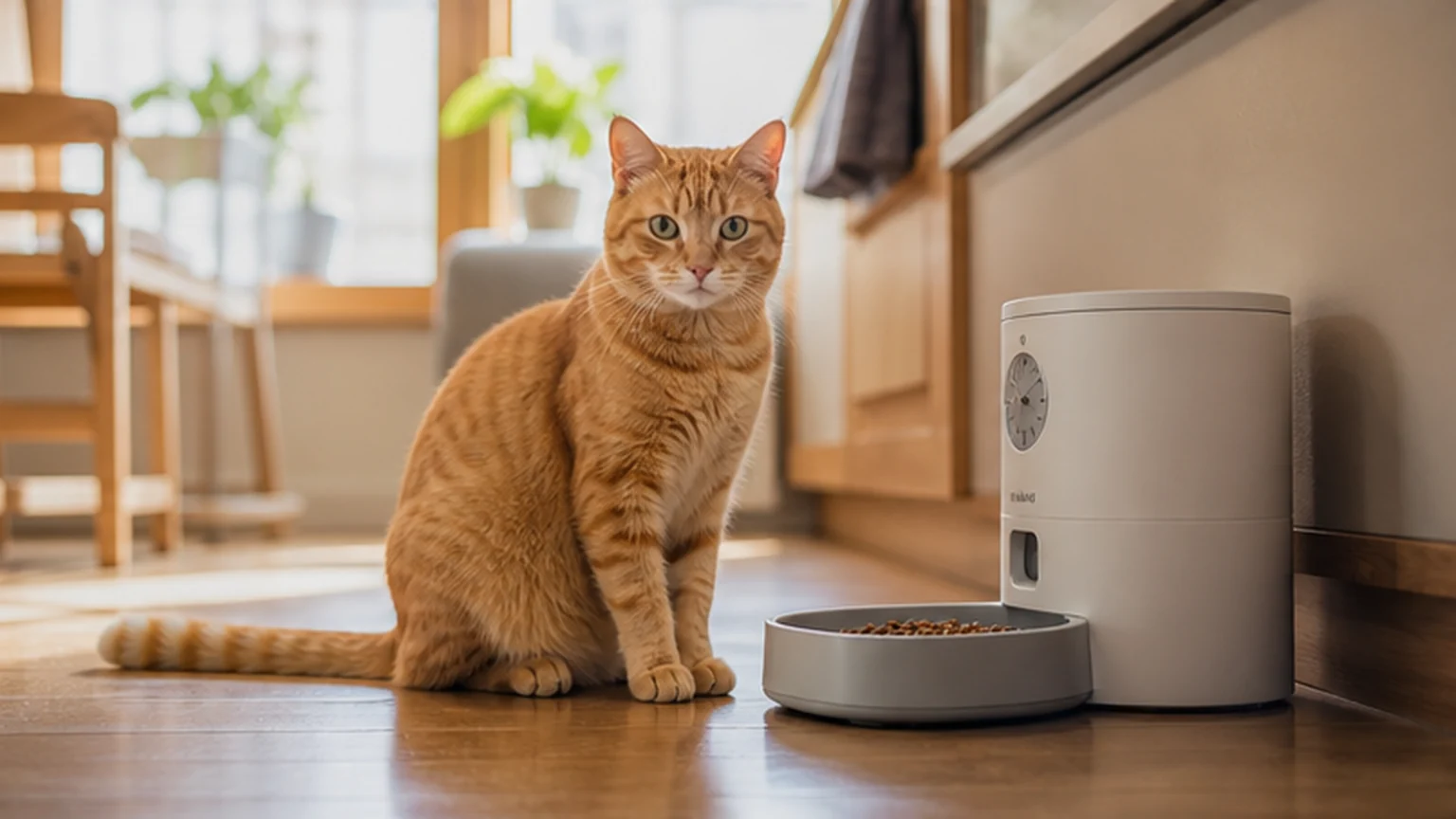 A cat beside a timed feeding station in a bright kitchen