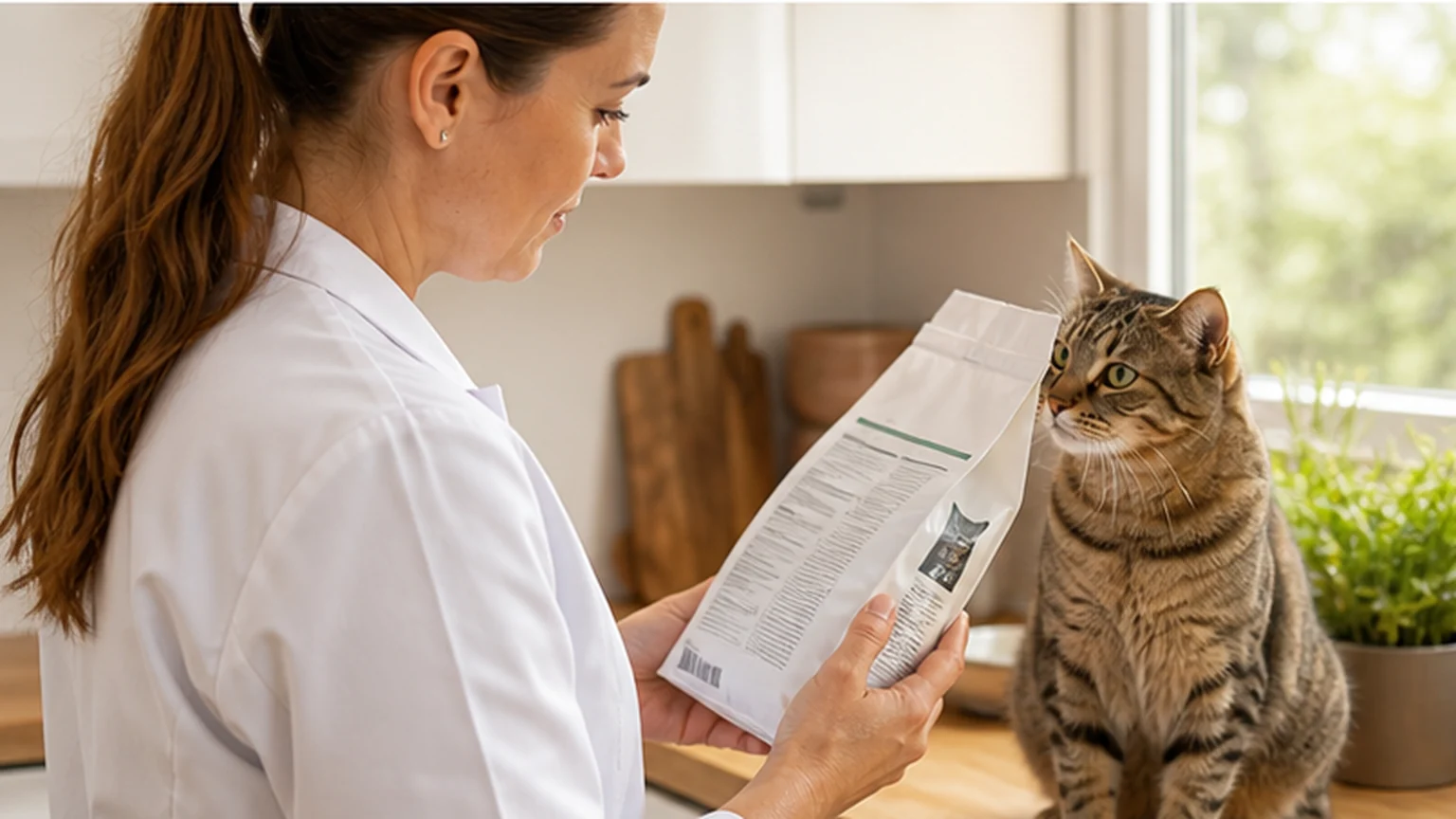 A pet-care professional reading a cat food package label