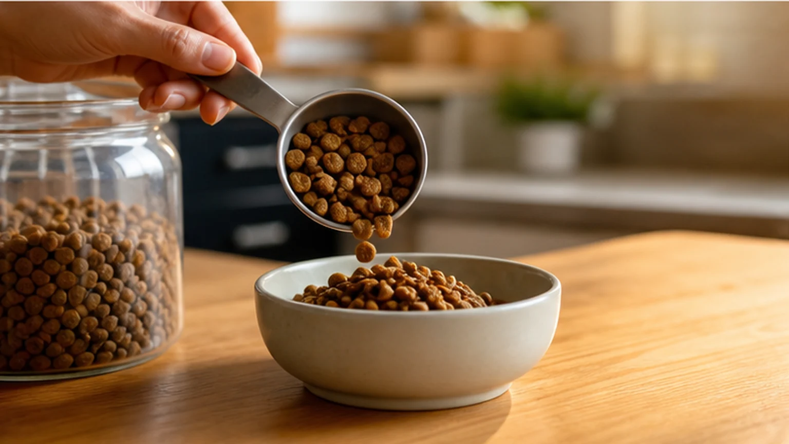 A hand scooping dry cat food into a bowl