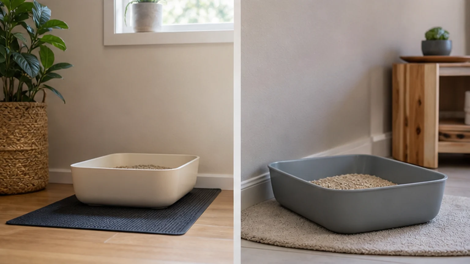 Two clean litter boxes placed in quiet areas of a home