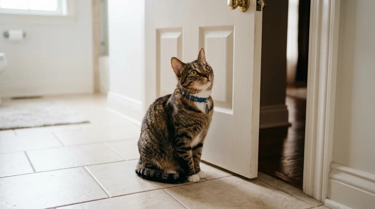 A curious cat sitting near an open bathroom door watching its owner