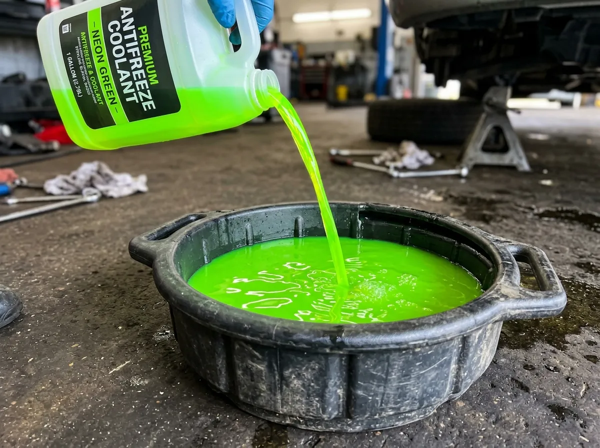 Fluorescent green automotive antifreeze coolant liquid