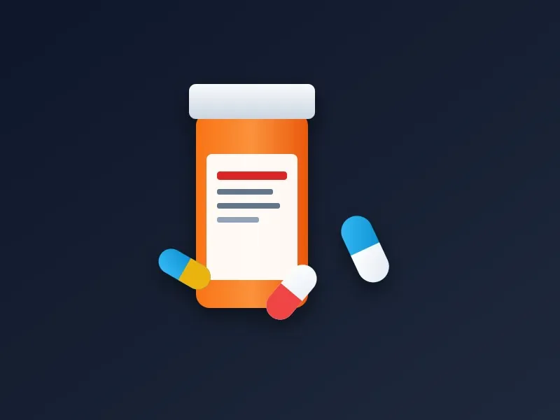 Prescription medication pill bottle and scattered capsules