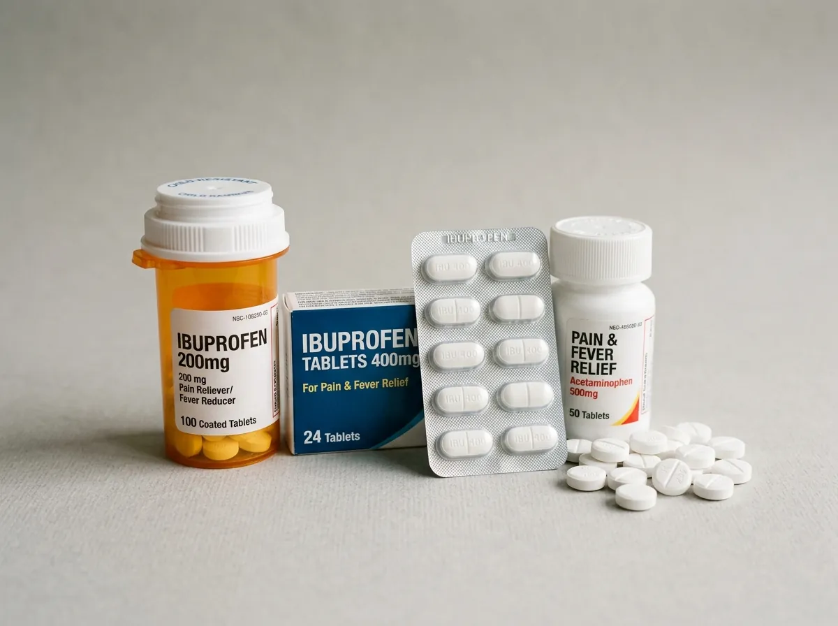 Ibuprofen and fever medication blister packs and tablets