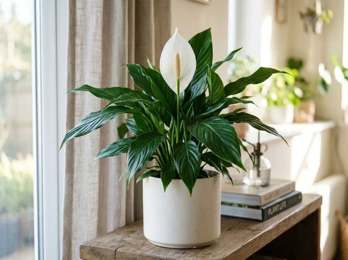 White peace lily flowers with dark green leaves
