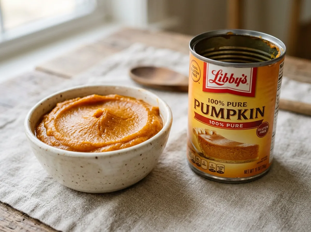 Smooth 100% plain canned pumpkin puree in a small dish