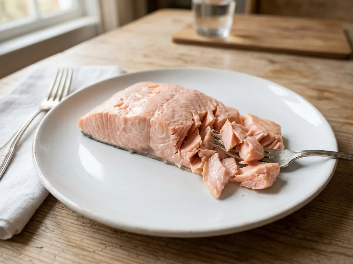Flaked plain cooked salmon fillet on a white plate