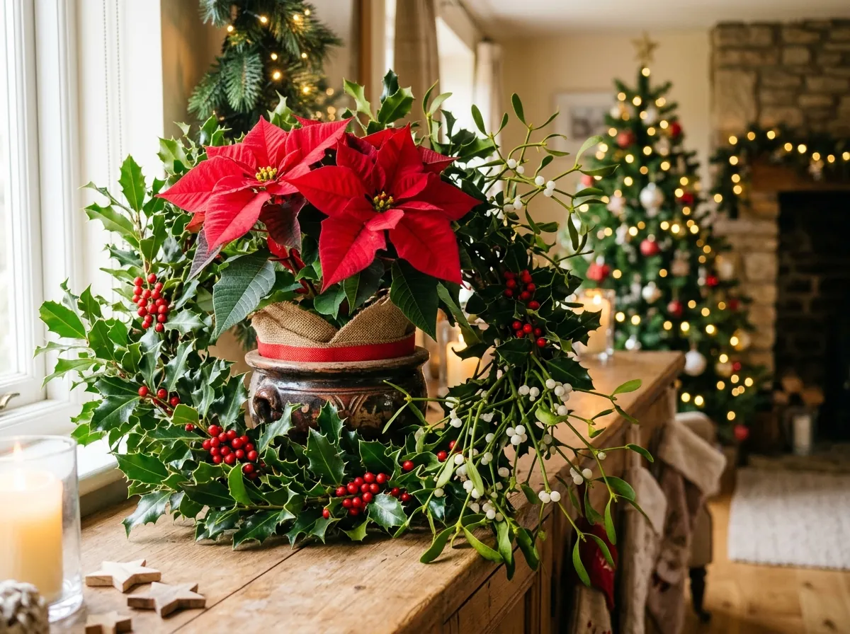 Arrangement of red Poinsettia, Holly berries, and Mistletoe