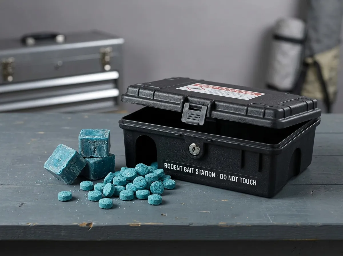 Blue rodent bait pellets and rodenticide poison bait station box