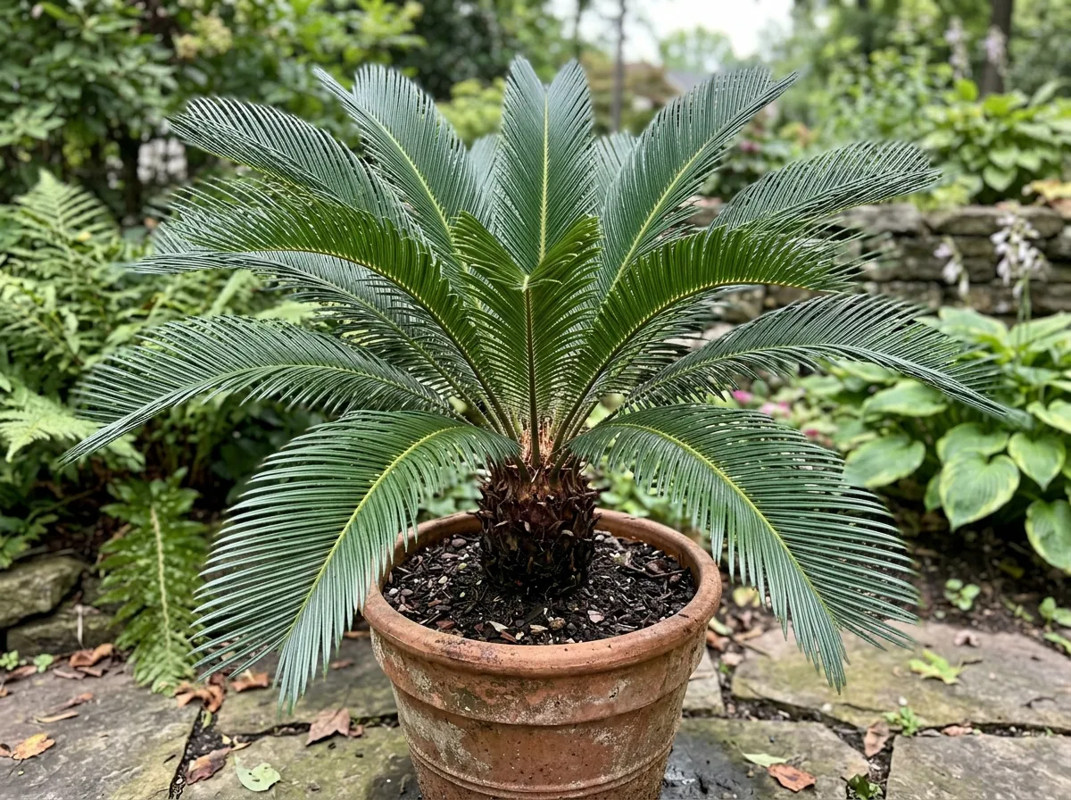 Lush dark green Sago Palm plant in a potted garden setting