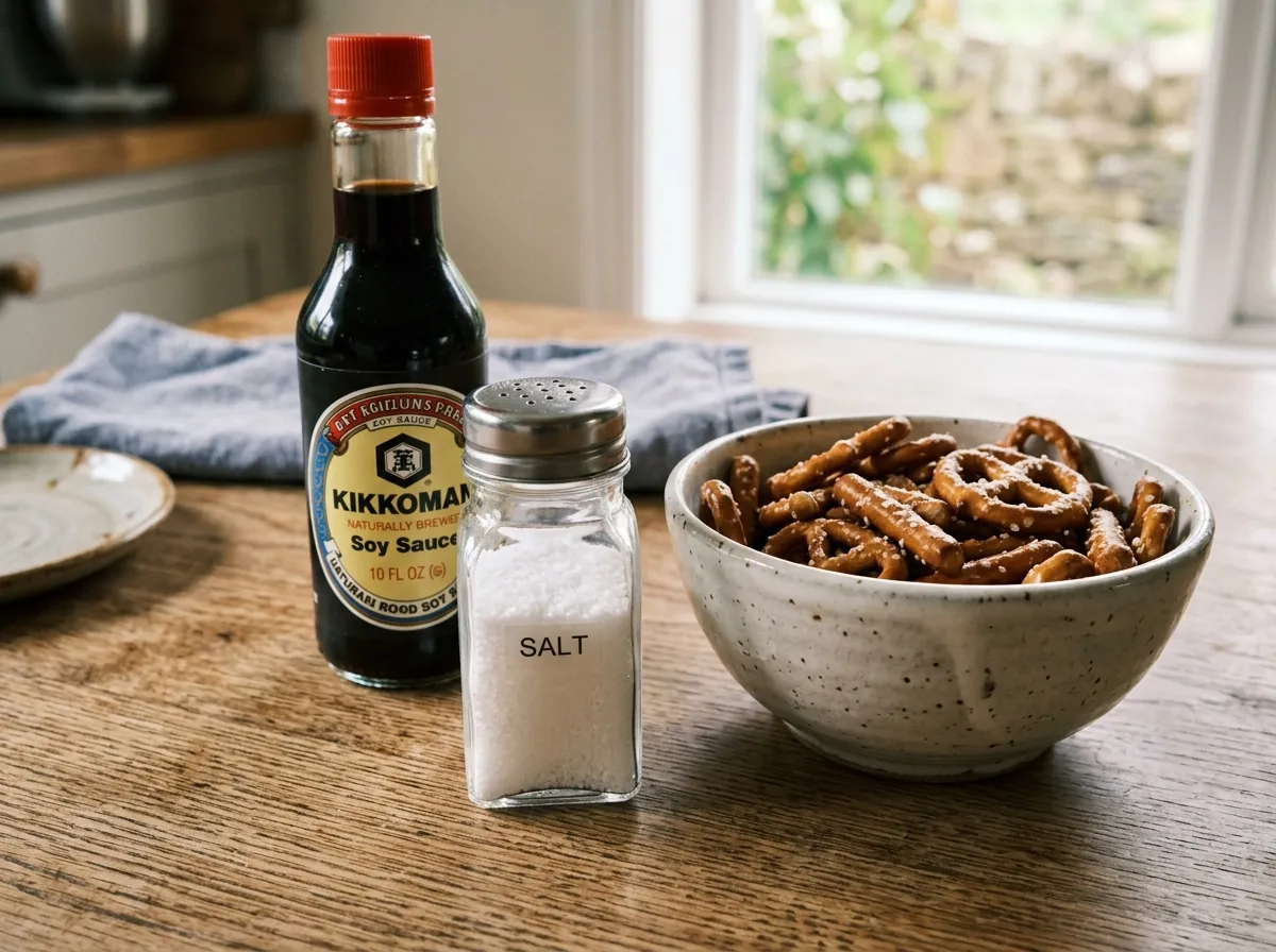 Glass salt shaker, soy sauce bottle, and salty pretzels