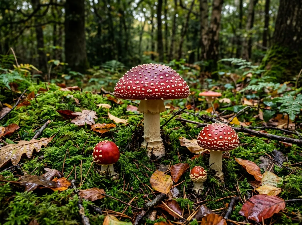 Wild Amanita muscaria mushrooms growing in forest moss
