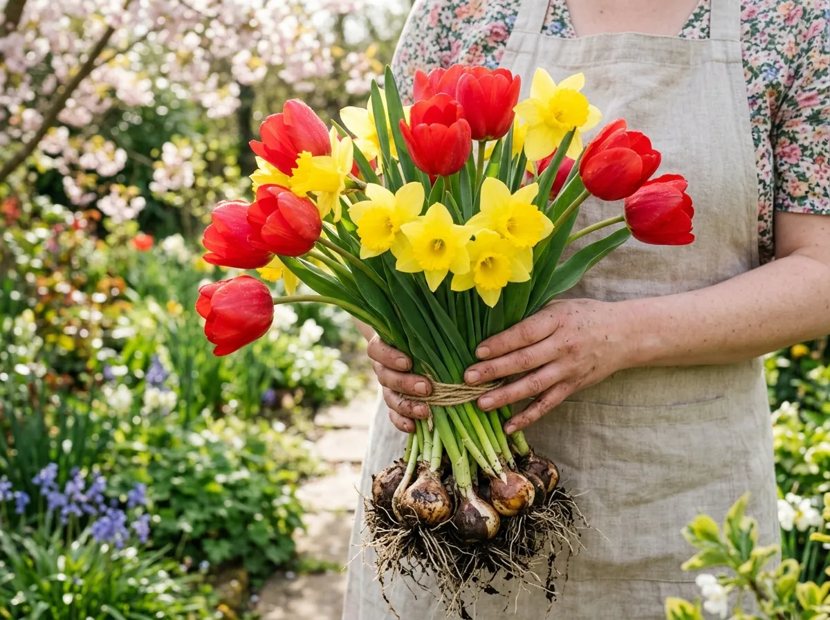 Vibrant red tulips and yellow daffodils in full bloom